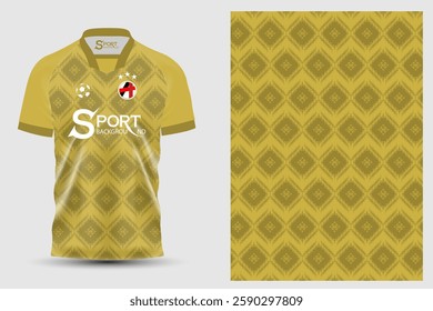 Round neck sports shirt designed in gold tones with repeated geometric patterns throughout the shirt, creating a striking and unique look.