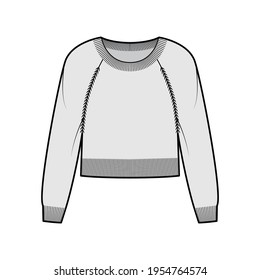 Round neck Sweater cropped technical fashion illustration with long raglan sleeves, waist length, knit rib trim. Flat jumper apparel front, grey color style. Women men unisex CAD mockup