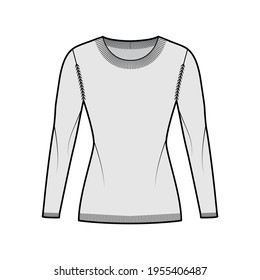 Round neck Sweater technical fashion illustration with long sleeves, fitted body, hip length, knit rib trim. Flat jumper apparel front, grey color style. Women men unisex CAD mockup