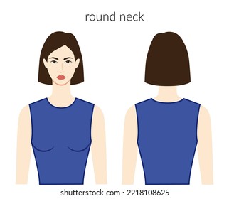 Round neckline clothes character beautiful lady in blue top, shirt, dress technical fashion illustration with fitted body. Flat apparel template front and back sides. Women, men unisex CAD mockup