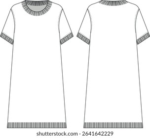 round nek ribbed hem cuff short sleeve knitted short knee length tent a line winter dress template technical drawing flat sketch cad mockup fashion woman design style model 