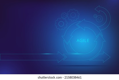 Round neon arrow on the background of gears. Template for a horizontal banner on the theme of agile mettodology of development.