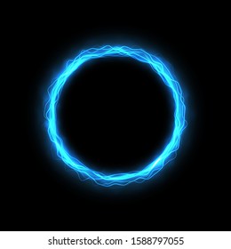 Round neon frame with luminous and wave lines. Glowing light ring. Vector 