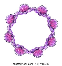 Round neon frame with seashells with boho pattern. The object is separate from the background.  Vector template for greeting cards, invitation cards and your design