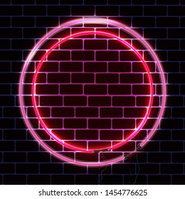 round neon frame ,vector, against brick wall night glowing advertisement