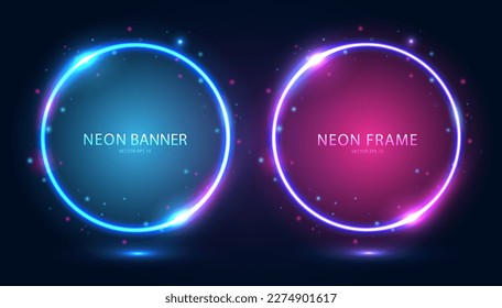 Round neon frames with shining effects and highlights on a dark background. A set of futuristic modern neon glowing banners. Vector illustration.