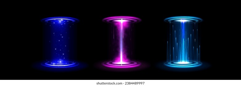 Round neon hologram portal with glowing light effect. Realistic vector illustration set of game futuristic teleport gadget for space and time travel. Magic fantasy cyber circle platform with beams.