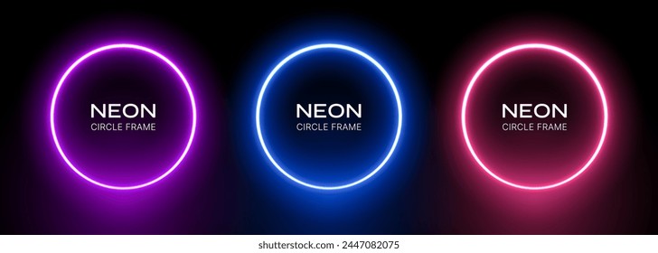 Round neon light frame. Ring abstract gradient led border. Blue, pink and violet laser circles on a black background. Bright electric vector set of spheres templates.