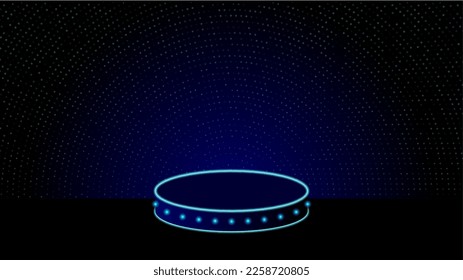 Round neon podium. Blue glowing ring on glossy floor. Abstract hi-tech background for display product