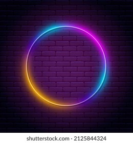 Round neon sign. Bright neon light, illuminated round frame. Glowing purple neon tube in circle. Signboard or banner template in 80s and 90s style. Vector