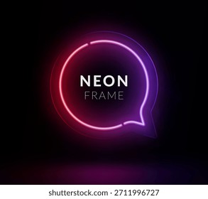Round neon speech bubble with red purple gradient in black background. Illuminated chat icon with vibrant light. Futuristic glowing message frame effect.
