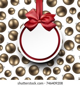 Round New Year background with Christmas balls and red bow. Vector illustration.