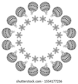 Round New Year ornament with snowflakes and balls in oriental style, mandala isolated on white background, vector illustration.