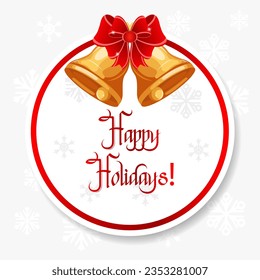 Round New Year's poster with bells, a red bow and congratulatory text on the background of snowflakes. Print, poster, illustration, vector