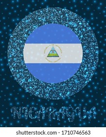 Round Nicaragua badge. Flag of Nicaragua in glowing network mesh style. Country network logo. Attractive vector illustration.