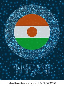 Round Niger badge. Flag of Niger in glowing network mesh style. Country network logo. Appealing vector illustration.