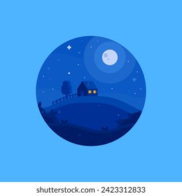 Round night landscape icon of a house on a hill. Flat modern landscape illustration of nature.