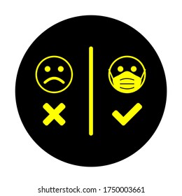 Round No Face Mask, No Entry Icon with Masked and Unmasked Faces. Vector Image.