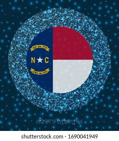 Round North Carolina badge. Flag of North Carolina in glowing network mesh style. US state network logo. Amazing vector illustration.