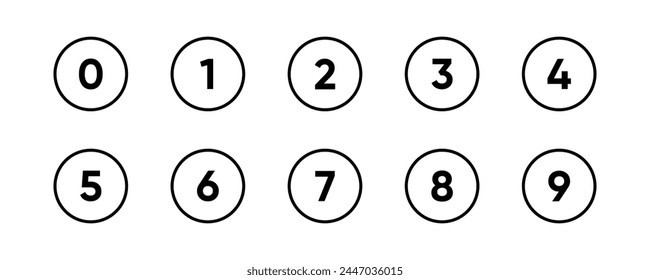 Round number buttons symbols icon set. Digit circle black signs. Phone interface illustration isolated. Simple 1, 2, 3, 4, 5, 6, 7, 8, 9, 0 count design for web or mobile app.