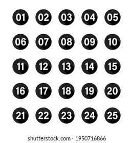 Los números con una larga sombra en círculos negros se establecen. Ilustración plana vectorial. Número de puntos de 1 a 25 aislados en el fondo blanco.