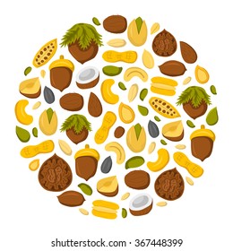 Round nuts and seeds background in cute cartoon style