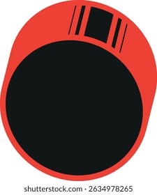 A round object with a red and black pattern, outlined by a distinct black border
