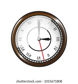 A round object is represented in the form of a brown clock with a dial with arrows of black color, hourly, minute, and red seconds, Roman numerals.
