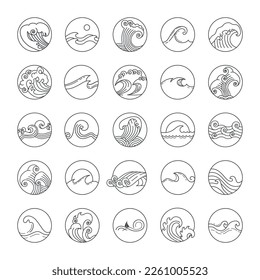 Round ocean emblems. Doodle marine waves. Minimal ripple details. Sea pins or icons. Water streams. Minimalistic oceanic logo. Circle line signs. Vector current outline pictograms set