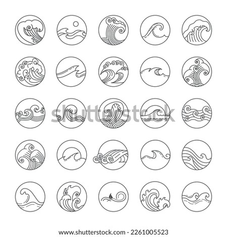 Round ocean emblems. Doodle marine waves. Minimal ripple details. Sea pins or icons. Water streams. Minimalistic oceanic logo. Circle line signs. Vector current outline pictograms set