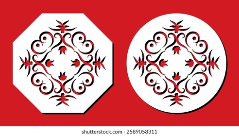 Round and octagonal plate with ornament for laser cutting. Template for metal work, wood carving, cardboard, paper art. Vector stencil for creating decorative elements of decor.