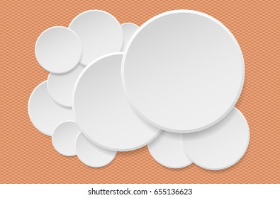 Round offer paper sticker or badges, white banners set. Circle buttons. Vector label tag on orange squared background.