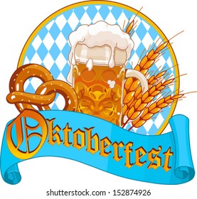 Round Oktoberfest Celebration design with beer, pretzel and wheat ears