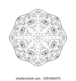 Round old school hand drawn occult design with mystic symbols, all seeing eyes and stars. Vector esoteric, tattoo and astrological illustration.