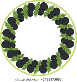 Round olive frame with black olives and green leaves forming a clean circular food border with an empty center for text, photos, logos, or branding.