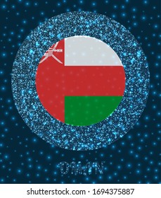 Round Oman badge. Flag of Oman in glowing network mesh style. Country network logo. Cool vector illustration.