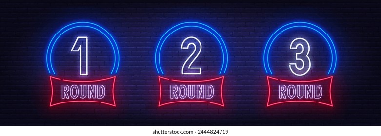 Round One Two Three neon sign on brick wall background.