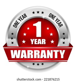 Round One Year Warranty Badge With Metallic Border And Red Ribbon