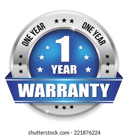 Round One Year Warranty Badge With Metallic Border And Blue Ribbon