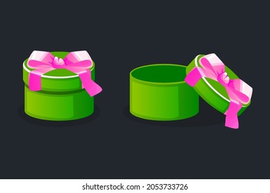 Round open and closed green gift boxes with bow for games.