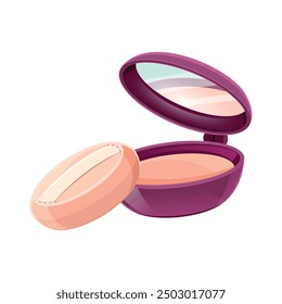 Round open compact powder case for applying makeup.