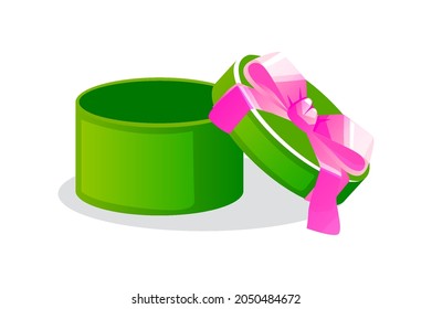 Casilla redonda de regalo verde con arco para juegos. Ilustración vectorial elemento gráfico de caja vacía.