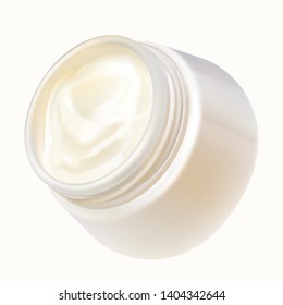 Round open jar with cosmetic cream realistic vector illustration. Packaging design for cosmetics, face or eyes cream or mask, body lotion isolated on white background