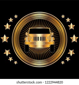 round openwork frame with a car in gold color with stars, can be used in the form of a sticker, print or logo