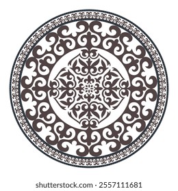 Round openwork gold Asian Kazakh ornament frame shield. Ornamental element of Turkic, Kazakh, Kyrgyz, Uzbek, national Asian decor for ceramic, textile, embroidery gold, skullcap, yurt, sandblasting