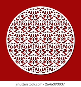 Round openwork panel. Lattice with a beautiful floral pattern, graceful ornament. Template for plotter laser cutting of paper, fretwork, wood carving, metal engraving, cnc. Vector illustration.