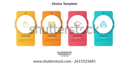 Round options presentation template with educational icons and text, strategy development and learning program choice template. Vector illustration for four step infographic