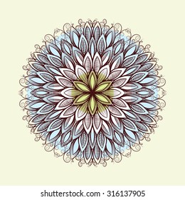 round oranament with abstract leaves, mandala on colorful background