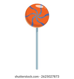 Round orange and blue lollipop with swirls on white stick isolated on white background