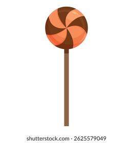 Round orange and brown lollipop on stick standing up isolated on white background